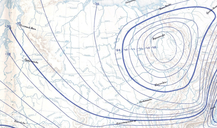 Карта температур января в 1900 году.  Климатологический атлас Российской империи. Фото: Геопортал РГО