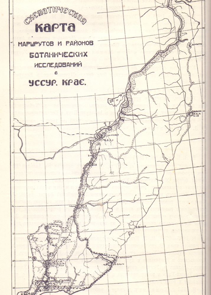 Клобукова-Алисова Е.Н. Схематическая карта маршрутов и районов ботанических исследований в Уссурийском крае. Из: Приморье. Его природа и хозяйство. 1923