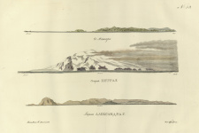 Вид островов Маквари, Петра I и Александра I. Акварель Павла Михайлова. 1821 г. 