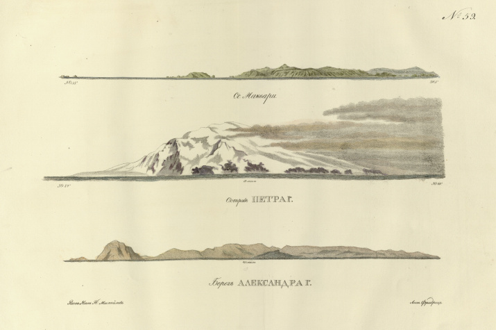 Вид островов Маквари, Петра I и Александра I. Акварель Павла Михайлова. 1821 г. 